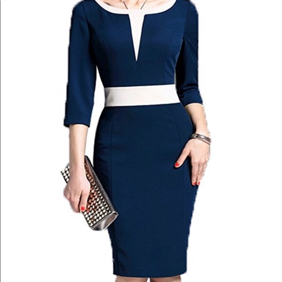 Navy 2/3 Sleeve Slim Bodycon Business Pencil Dress - Picture 1 of 4